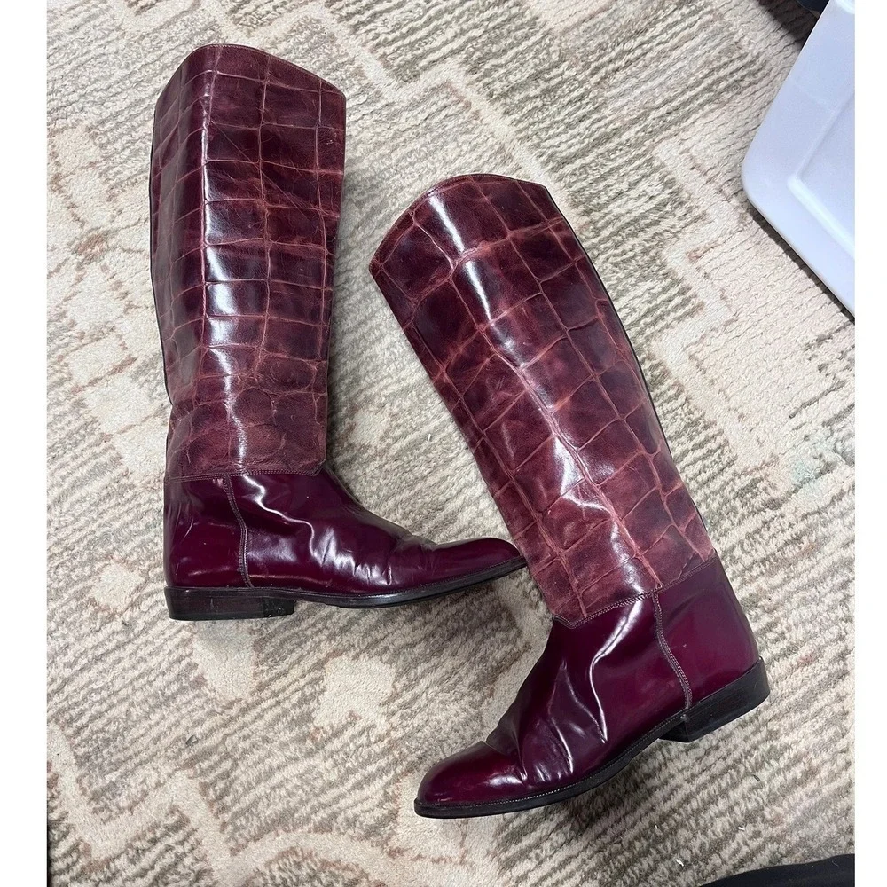 Sandra Gibellini Vintage Women's Burgundy 100% Leather Croc Knee High Boots EU37